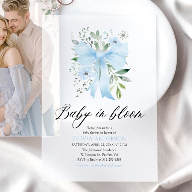 Blue Bow Baby in Bloom Floral Boy Baby Shower Vellum Invitations (Watercolor Blue Floral Boy Bow Baby in Bloom Baby Shower Vellum Invitation)