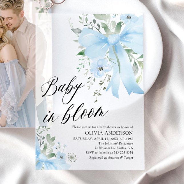 Blue Bow Baby in Bloom Floral Boy Baby Shower Vellum Invitations (Watercolor Blue Bow Floral Baby in Bloom Boy Baby Shower Vellum Invitations)