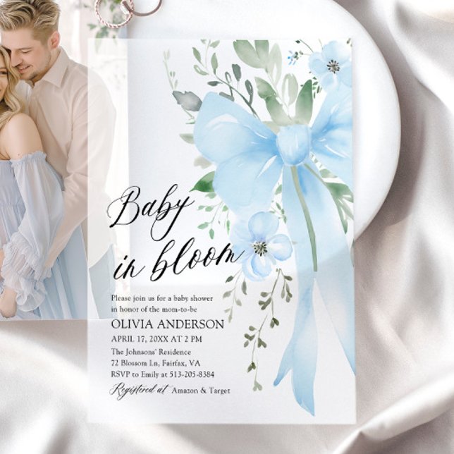 Blue Bow Baby in Bloom Floral Boy Baby Shower Vellum Invitations (Watercolor Blue Bow Floral Baby in Bloom Boy Baby Shower Vellum Invitations)