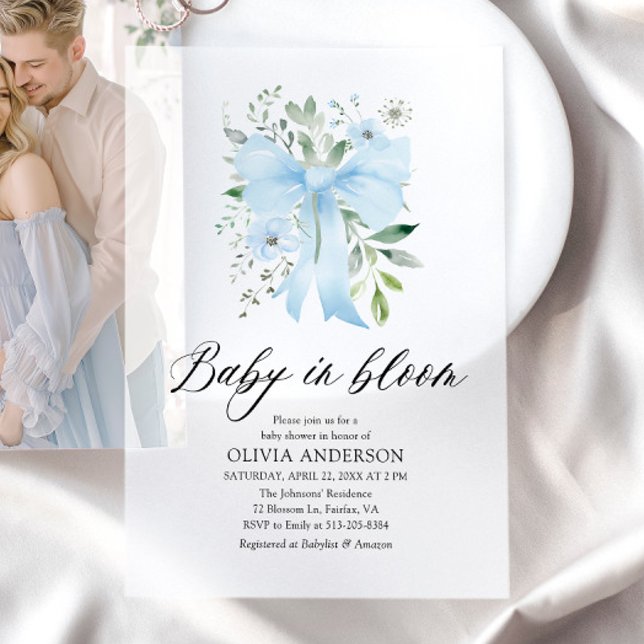 Blue Bow Baby in Bloom Floral Boy Baby Shower Vellum Invitations (Watercolor Blue Bow Floral Baby in Bloom Boy Baby Shower Vellum Invitations)