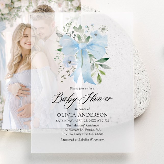 Blue Bow Baby in Bloom Floral Boy Baby Shower Vellum Invitations (Watercolor Blue Bow Floral Baby in Bloom Boy Baby Shower Vellum Invitations)