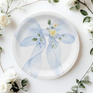 Blue Bow Baby in Bloom Wildflower Baby shower Paper Plate