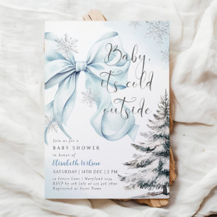 Blue Bow Baby It's Cold Outside Baby Shower  Invitation