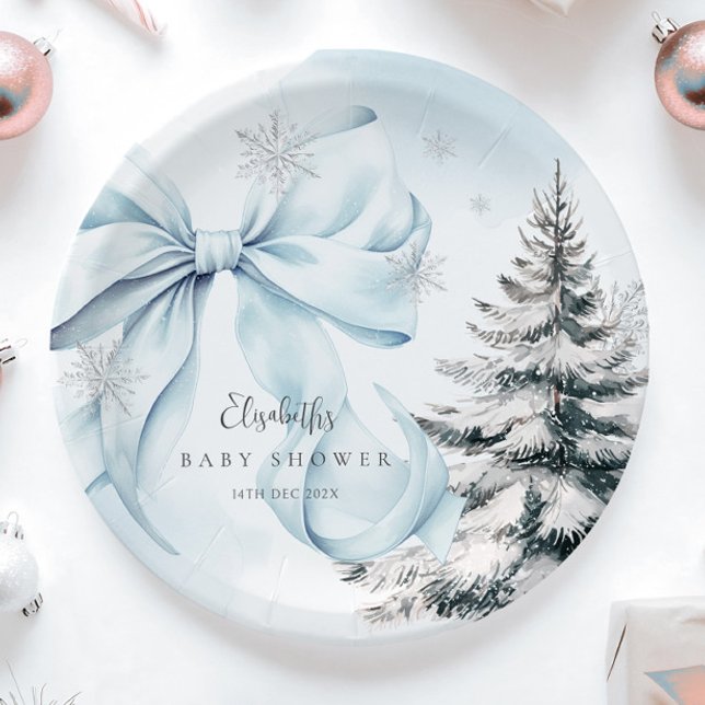 Blue Bow Baby It's Cold Outside Baby Shower  Paper Plate (Creator Uploaded)