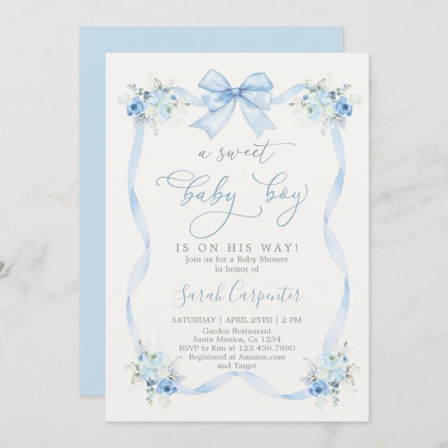 Blue Bow Baby Shower Boy Invitation (Front/Back)