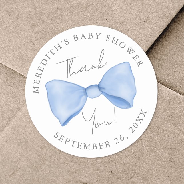 Blue Bow Baby Shower Classic Round Sticker (Blue Bow Baby Shower Classic Round Sticker )
