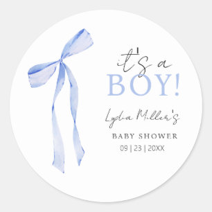 Blue Bow Baby Shower Invitation, Boy Baby Shower Classic Round Sticker