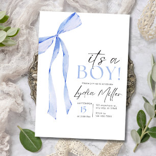 Blue Bow Baby Shower Invitation, Boy Baby Shower Invitation