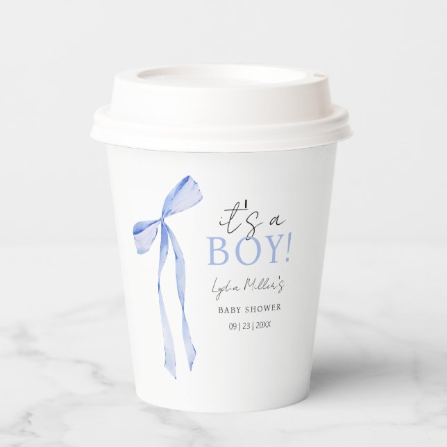 Blue Bow Baby Shower Invitation, Boy Baby Shower Paper Cups (Front)