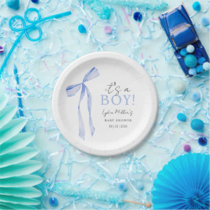 Blue Bow Baby Shower Invitation, Boy Baby Shower Paper Plate
