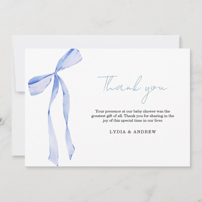 Blue Bow Baby Shower Invitation, Boy Baby Shower Thank You Card (Front)