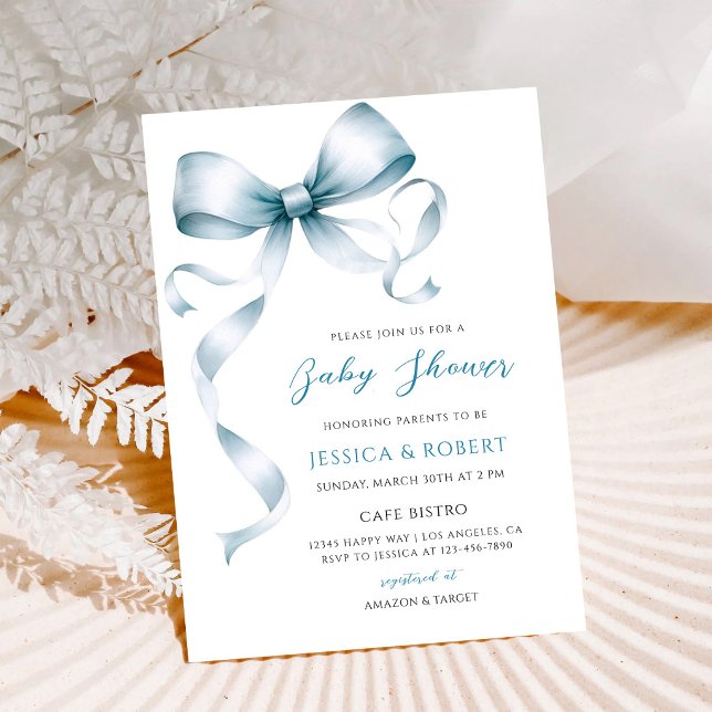 Blue Bow Baby Shower Party Invitation (Creator Uploaded)
