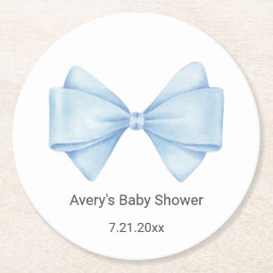 Blue Bow Baby Shower Round Paper Coaster