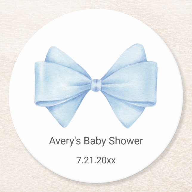 Blue Bow Baby Shower Round Paper Coaster (Front)