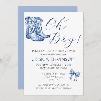 Blue Bow Baby Shower Watercolor Invitation