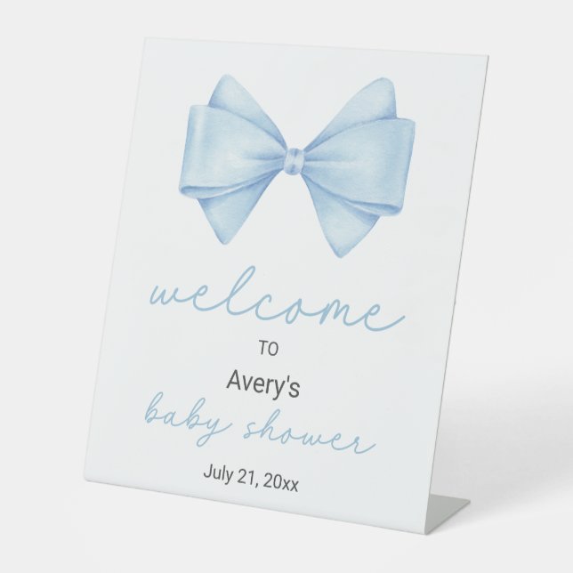 Blue Bow Baby Shower Welcome Pedestal Sign (Front)