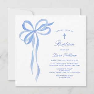 Blue Bow Baptism Invitation