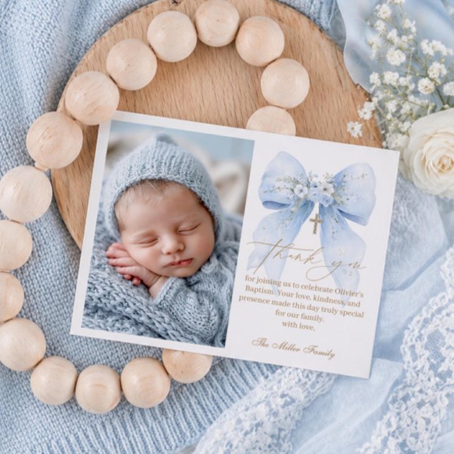 Blue Bow Baptism Photo Thank You Card (Creator Uploaded)