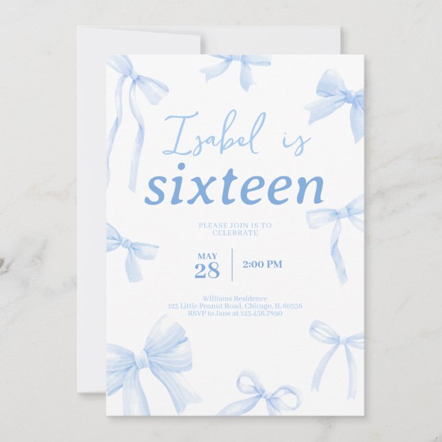 Blue Bow Birthday Invitation (Front)