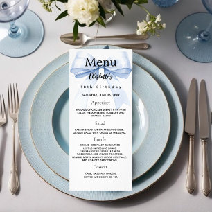 Blue bow birthday menu card