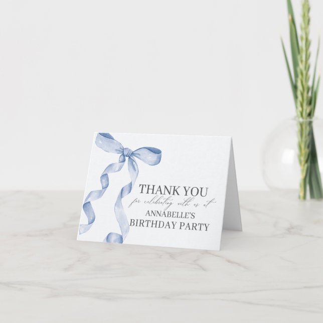 Blue Bow Birthday Party Blank Thank You Card (Front)