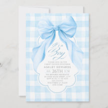 Blue Bow Blush Gingham Elegant Boy Baby Shower
