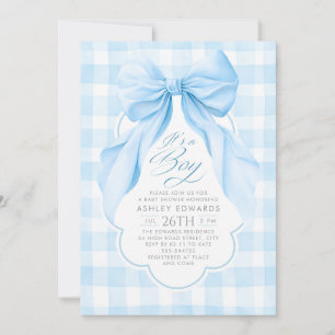Blue Bow Blush Gingham Elegant Boy Baby Shower Invitation