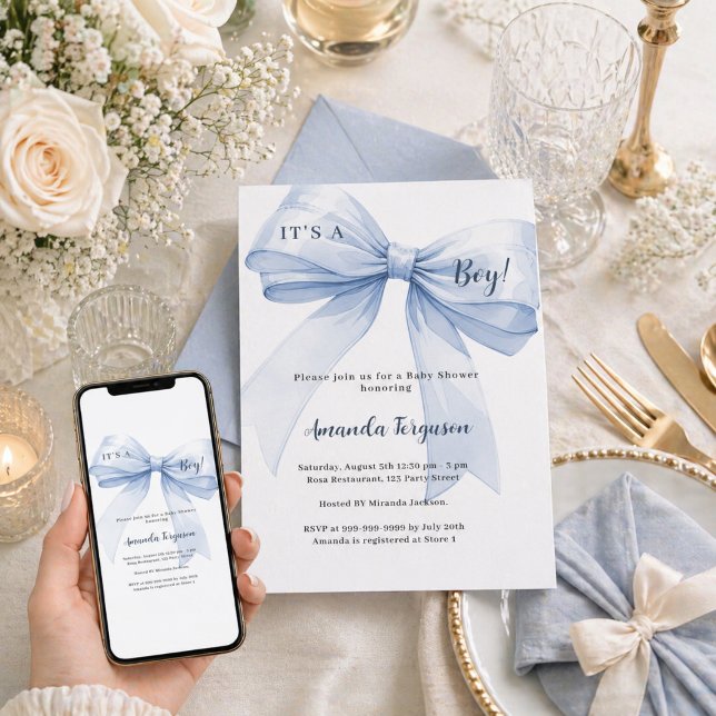 Blue bow boy Baby Shower Invitation (Creator Uploaded)