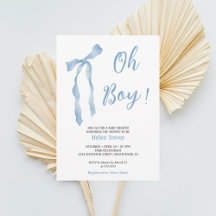 Blue bow boy baby shower simple invitation 