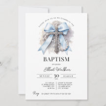 Blue Bow Boy Baptism Invitation | Cross & Rosary