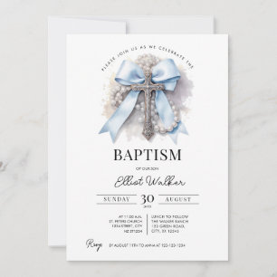 Blue Bow Boy Baptism Invitation Cross & Rosary