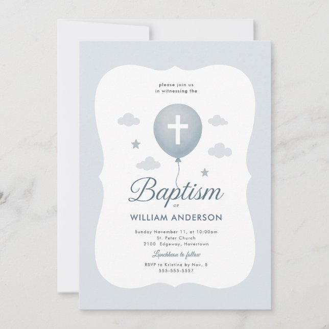 Blue Bow Boy Baptism Invitation with Cross Wreath (Front)