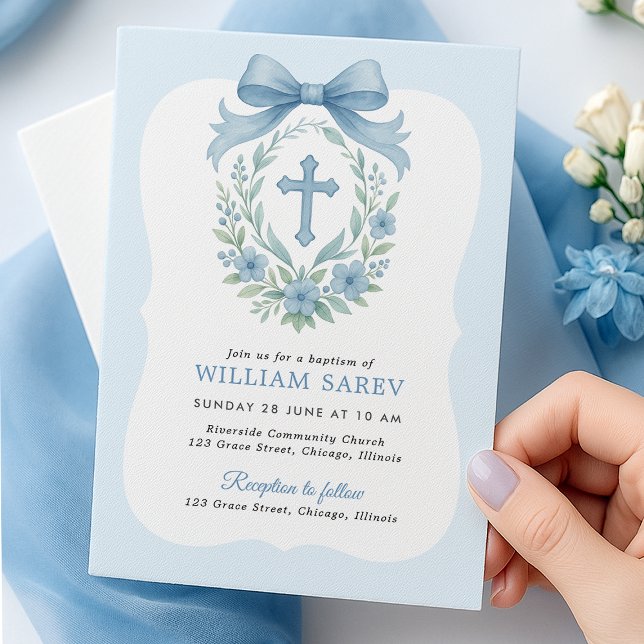 Blue Bow Boy Baptism Invitation with Cross Wreath (Boy baptism card with blue bow and cross wreath – hand holding scalloped design)