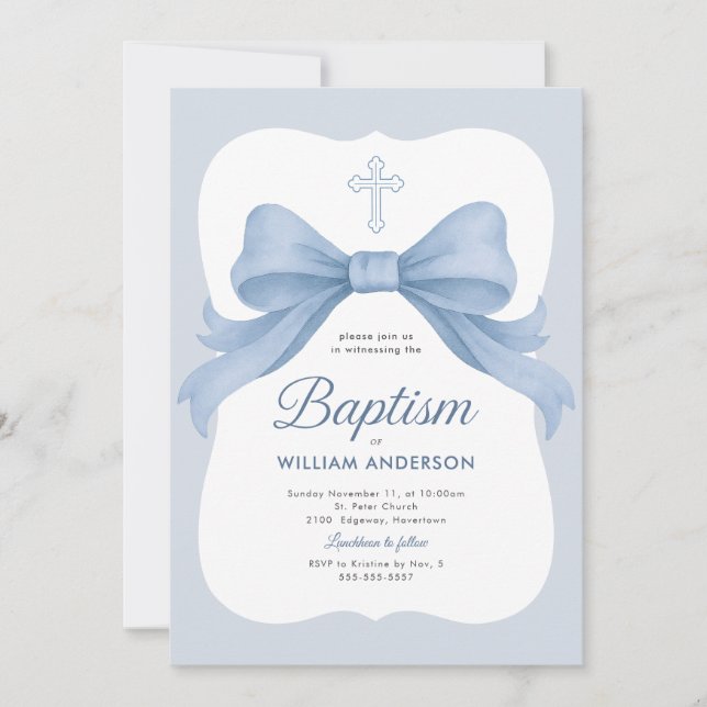 Blue Bow Boy Baptism Invitation with Cross Wreath (Front)