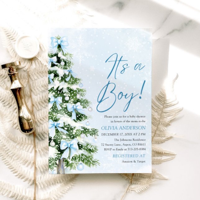 Blue Bow Boy Christmas Tree Oh Baby Baby Shower  Invitation (Creator Uploaded)