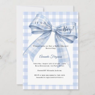 Blue bow boy gingham Baby Shower Invitation