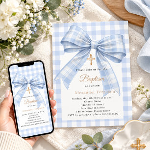 Blue bow boy gingham Baptism Invitation