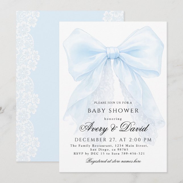 Blue Bow boy Modern Baby Shower  Invitation (Front/Back)