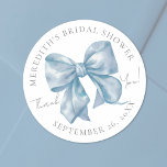 Blue Bow Bridal Shower Classic Round Sticker<br><div class="desc">A cute and girly blue bow bridal shower sticker featuring an adorable soft blue watercolor bow. At the top, it has the bride-to-be’s name and “Bridal Shower, ” and at the bottom, the date. In the centre, next to the blue bow, is “Thank You!” in graceful script. This simple and...</div>