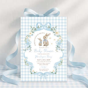 Blue Bow Bunny Gingham Floral Boy Baby Shower Invitation