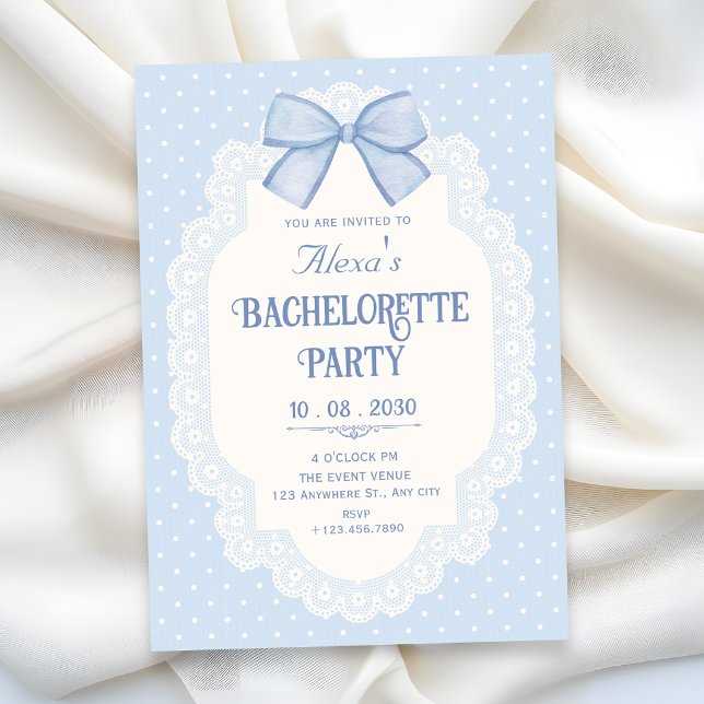 Blue bow choquette bachelorette party invitation (Creator Uploaded)