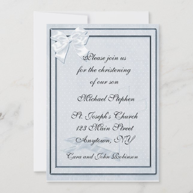 Blue Bow Christening Invitation (Front)