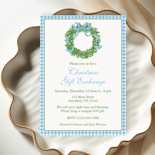 Blue Bow Christmas Boxwood Wreath Party Invitation
