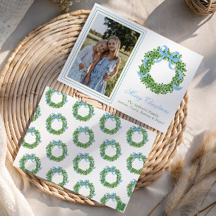 Blue Bow Christmas Boxwood Wreath Photo Holiday Card