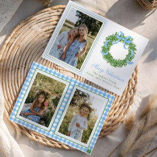 Blue Bow Christmas Boxwood Wreath Photo Holiday Card