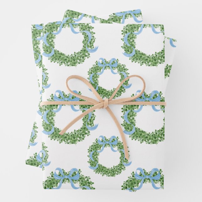 Blue Bow Christmas Boxwood Wreath Wrapping Paper Sheet (In situ)