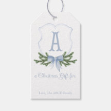 Blue Bow Christmas Crest Gift Tag - A