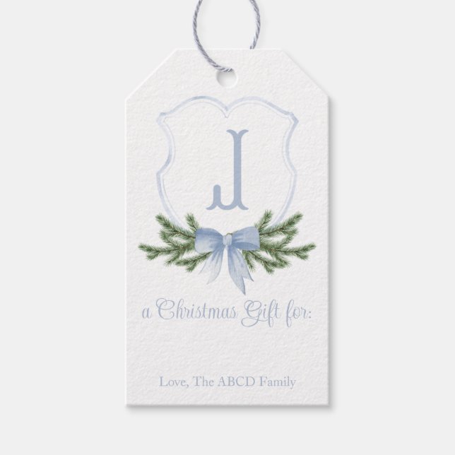 Blue Bow Christmas Crest Gift Tag - J (Front)