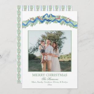 Blue Bow Christmas Garland Nutcracker 2 Photos Holiday Card