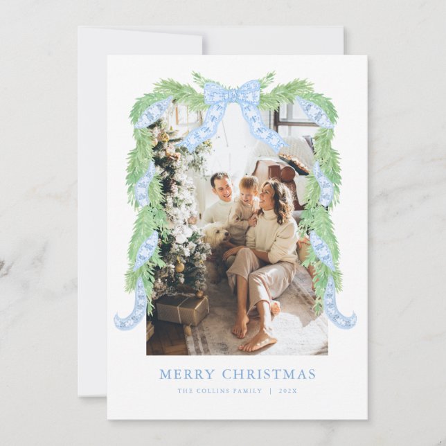 Blue Bow Christmas Garland Photo Holiday Card (Front)